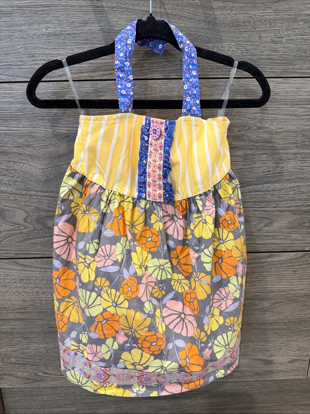Bright Floral Halter Tunic with Yellow Stripe Bodice